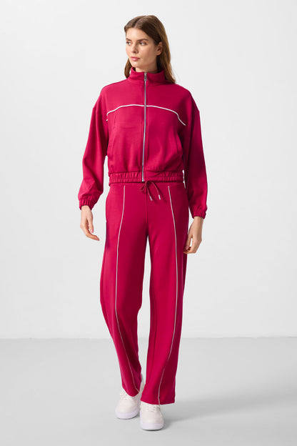 Viva Red Soft Textured High Collar Oversize Elastane Women's Tracksuit Set - 95349