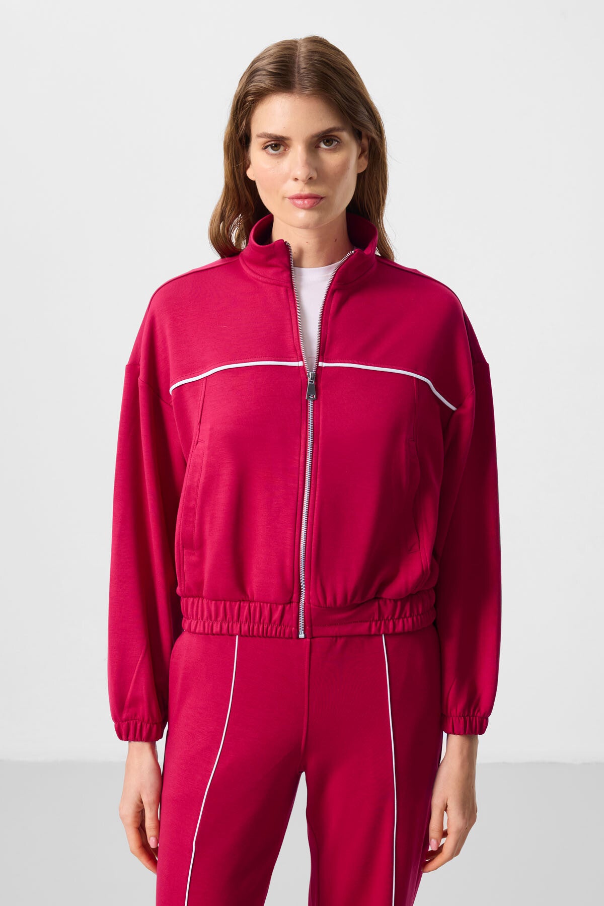 Viva Red Soft Textured High Collar Oversize Elastane Women's Tracksuit Set - 95349