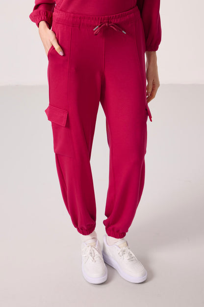 Viva Red Soft Textured Stand Collar Hidden Zipper Oversize Women's Tracksuit Set - 95351