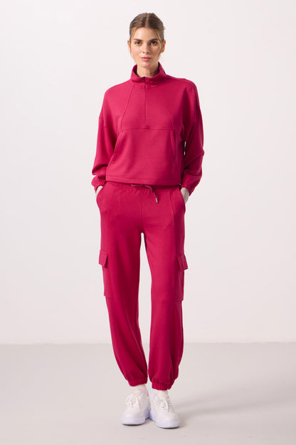 Viva Red Soft Textured Stand Collar Hidden Zipper Oversize Women's Tracksuit Set - 95351