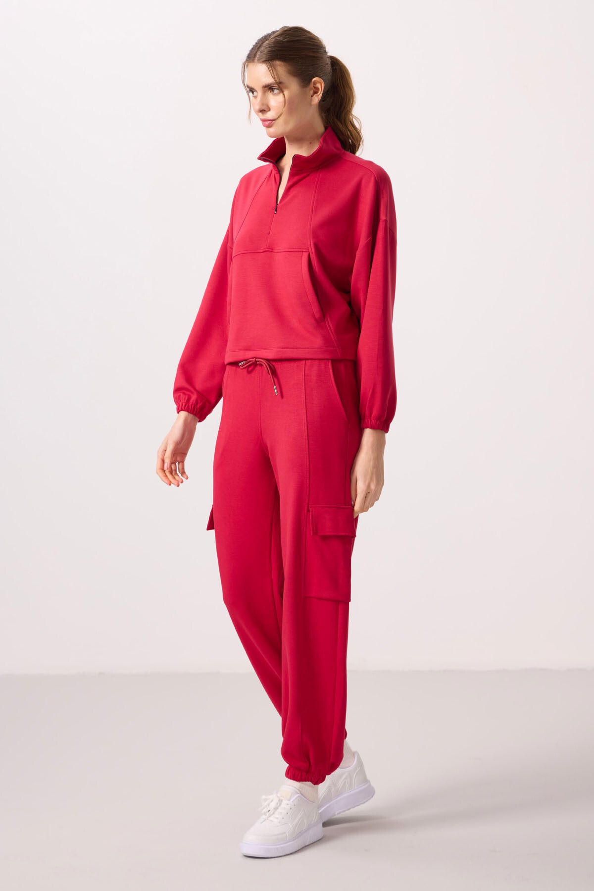 Viva Red Soft Textured Stand Collar Hidden Zipper Oversize Women's Tracksuit Set - 95351