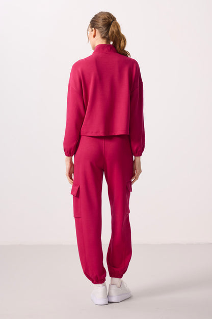 Viva Red Soft Textured Stand Collar Hidden Zipper Oversize Women's Tracksuit Set - 95351