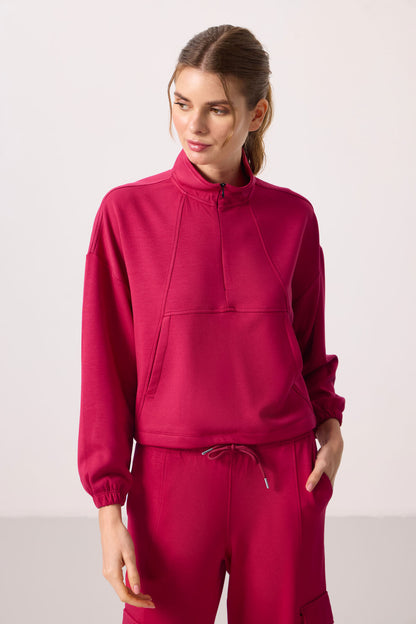 Viva Red Soft Textured Stand Collar Hidden Zipper Oversize Women's Tracksuit Set - 95351