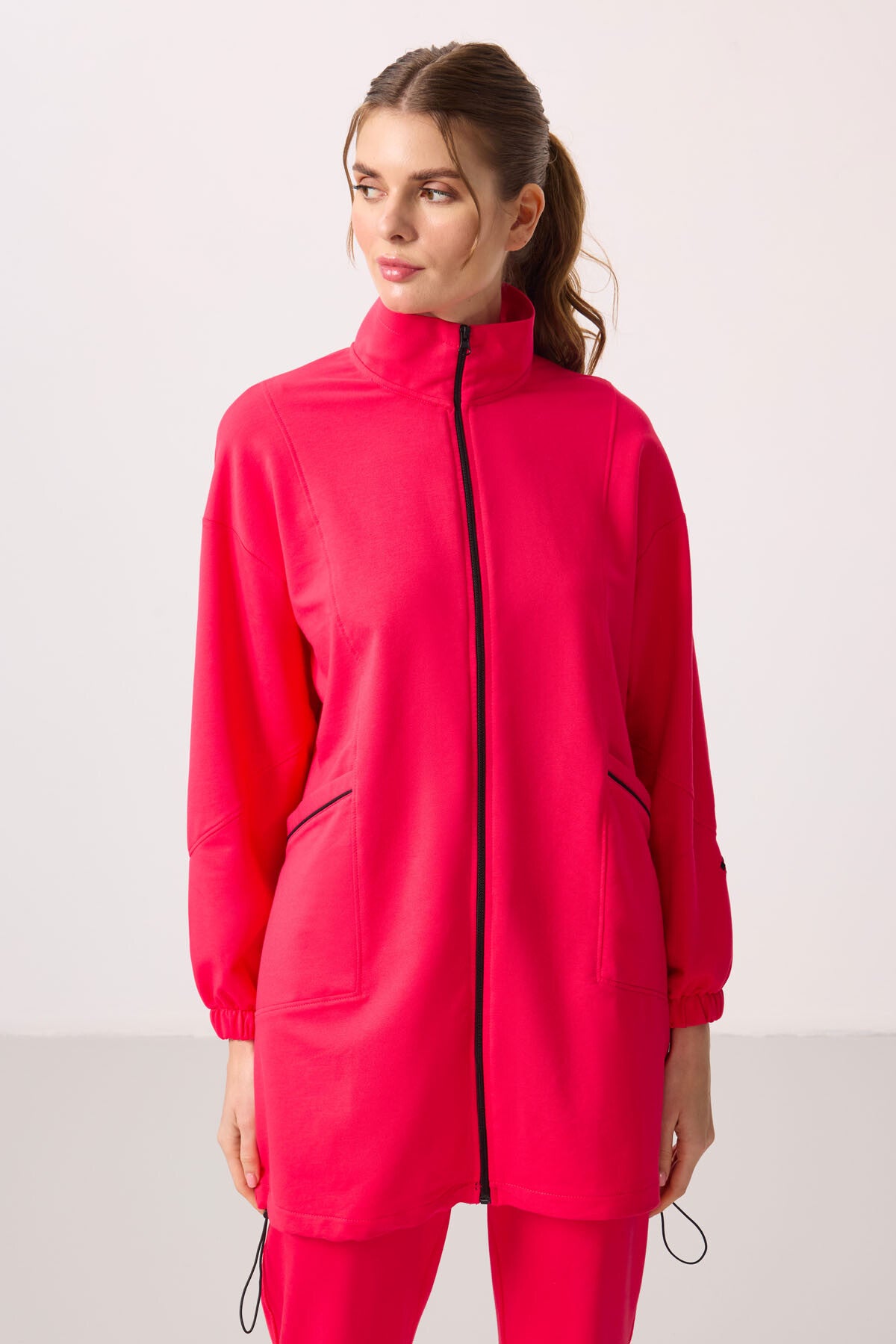 Viva Red Stand Collar Zippered Comfort Fit Women's Tracksuit Tunic Set - 95345