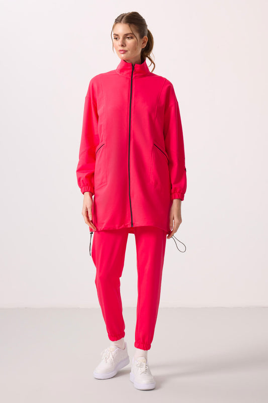 Viva Red Stand Collar Zippered Comfort Fit Women's Tracksuit Tunic Set - 95345