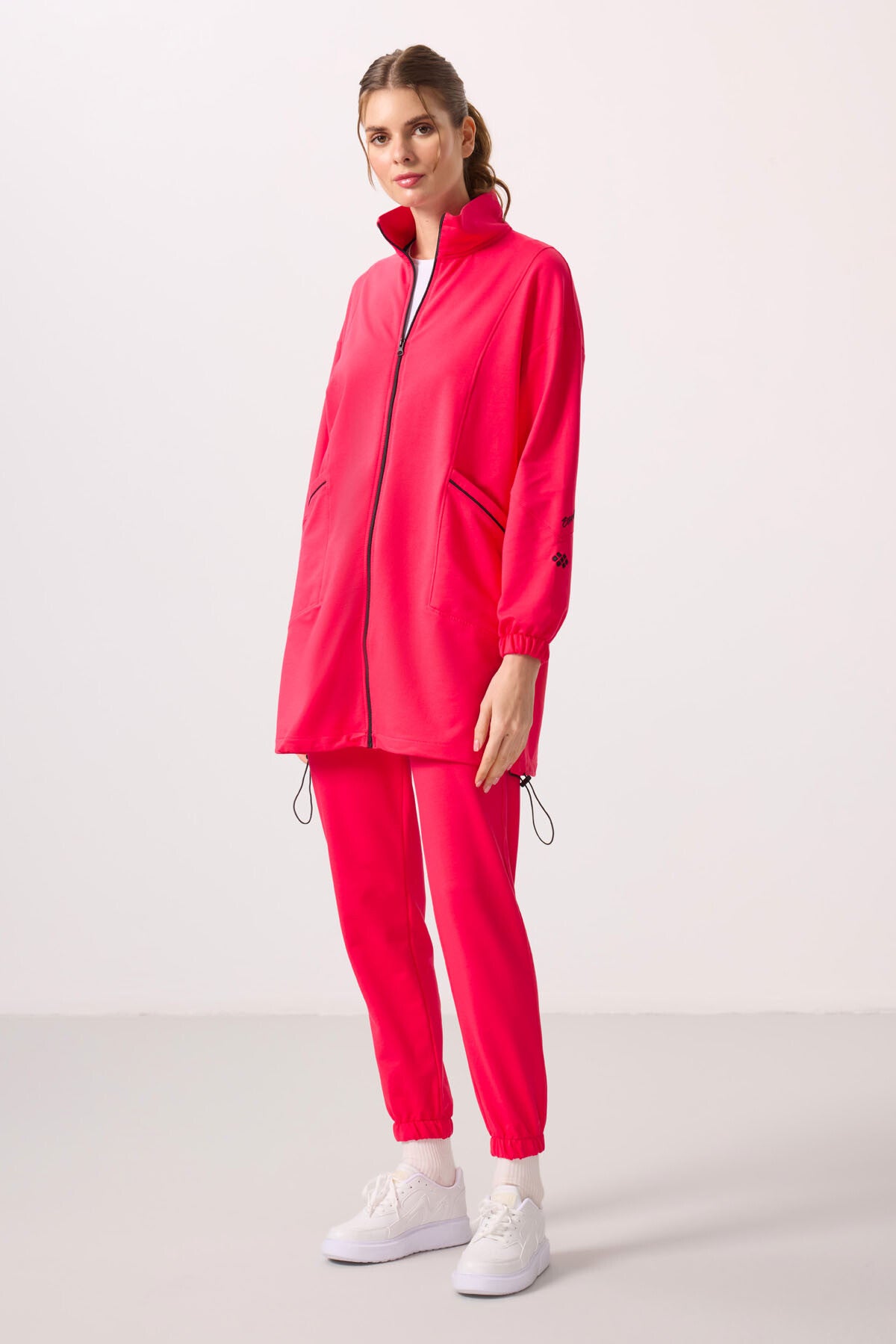 Viva Red Stand Collar Zippered Comfort Fit Women's Tracksuit Tunic Set - 95345