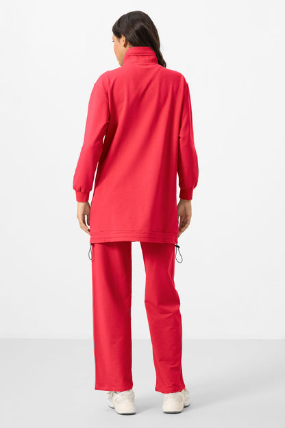 Viva Red High Neck Zippered Cotton Women's Tracksuit Tunic Set - 95346