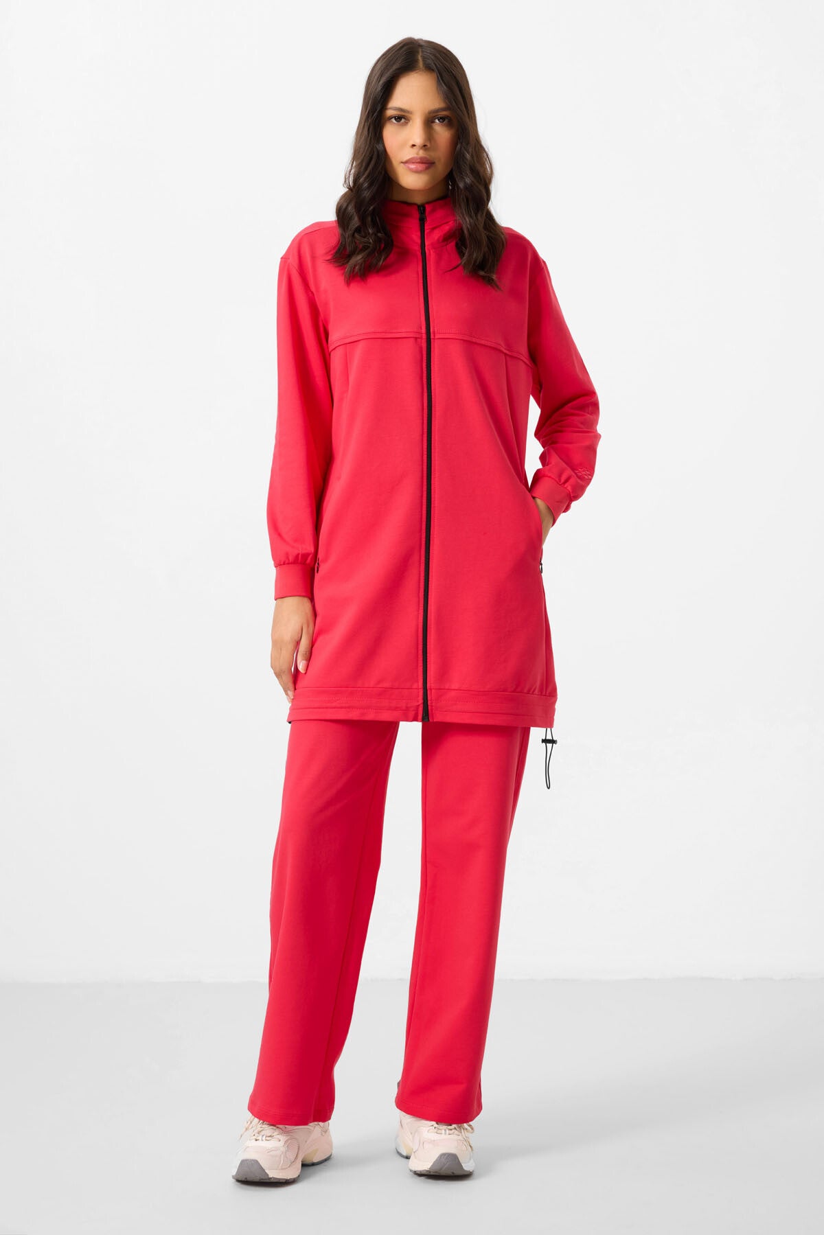 Viva Red High Neck Zippered Cotton Women's Tracksuit Tunic Set - 95346
