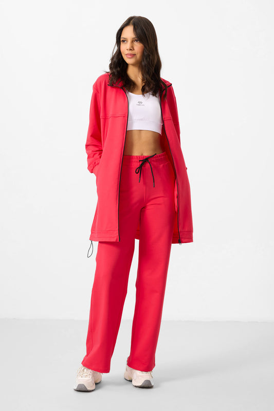 Viva Red High Neck Zippered Cotton Women's Tracksuit Tunic Set - 95346
