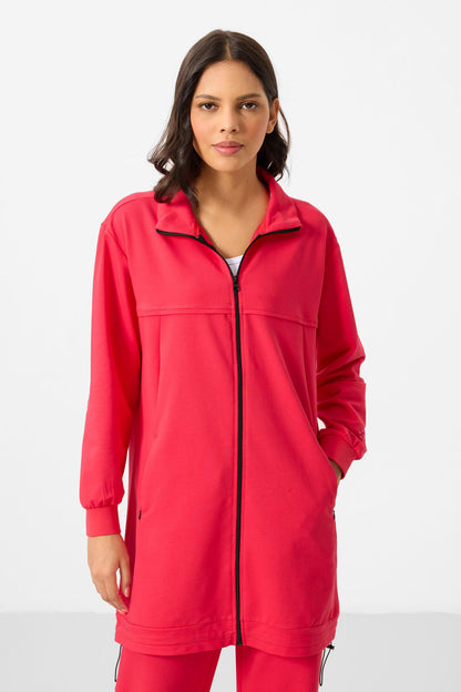 Viva Red High Neck Zippered Cotton Women's Tracksuit Tunic Set - 95346