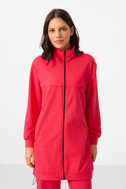 Viva Red High Neck Zippered Cotton Women's Tracksuit Tunic Set - 95346