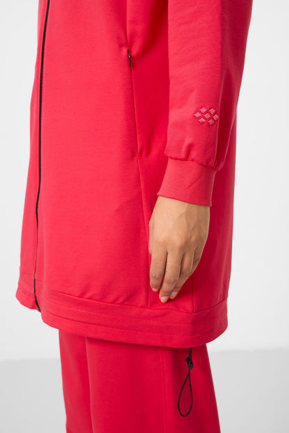 Viva Red High Neck Zippered Cotton Women's Tracksuit Tunic Set - 95346