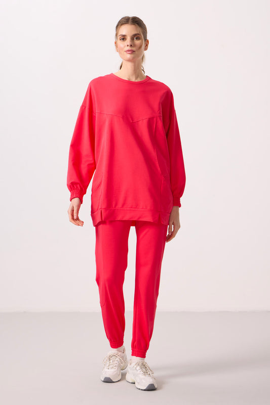 Viva Red O Collar Basic Oversize Women's Tracksuit Tunic Set - 95347
