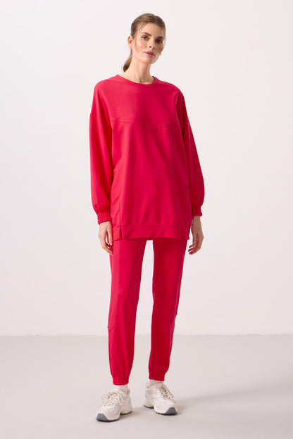 Viva Red O Collar Basic Oversize Women's Tracksuit Tunic Set - 95347