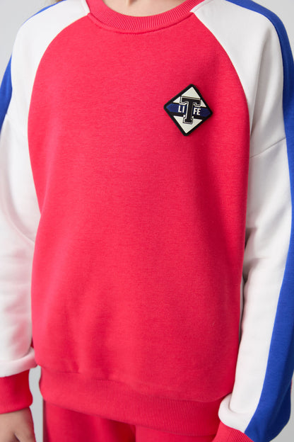 Viva Red Cotton Fleece-Lined Soft Textured Standard Fit Printed Girls' Tracksuit Set - 75165