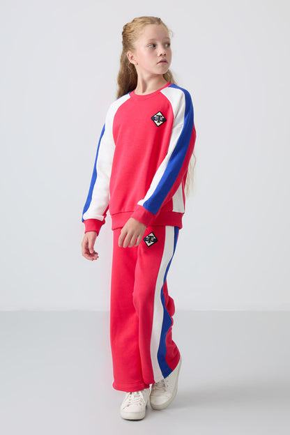 Viva Red Cotton Fleece-Lined Soft Textured Standard Fit Printed Girls' Tracksuit Set - 75165