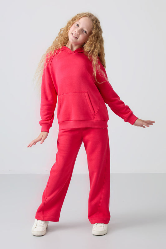 Viva Red Cotton Fleece-Lined Soft Textured Standard Fit Embroidered Girls' Tracksuit Set - 75162