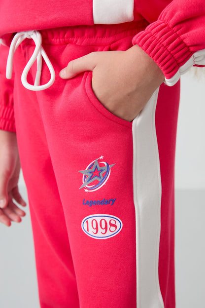 Viva Red Cotton Fleece-Lined Soft Textured Standard Fit Printed Girls' Tracksuit Set - 75166