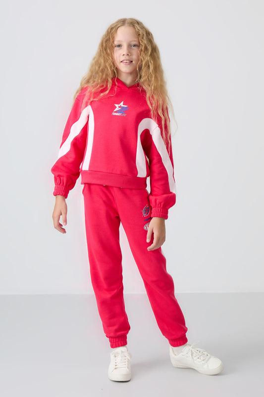 Viva Red Cotton Fleece-Lined Soft Textured Standard Fit Printed Girls' Tracksuit Set - 75166