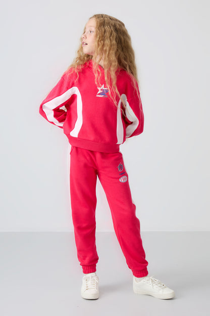 Viva Red Cotton Fleece-Lined Soft Textured Standard Fit Printed Girls' Tracksuit Set - 75166