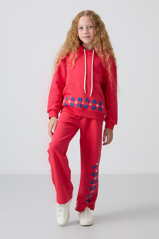 Viva Red Cotton Fleece-Lined Soft Textured Oversize Print Girls' Tracksuit Set - 75147