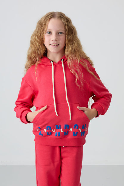 Viva Red Cotton Fleece-Lined Soft Textured Oversize Print Girls' Tracksuit Set - 75147