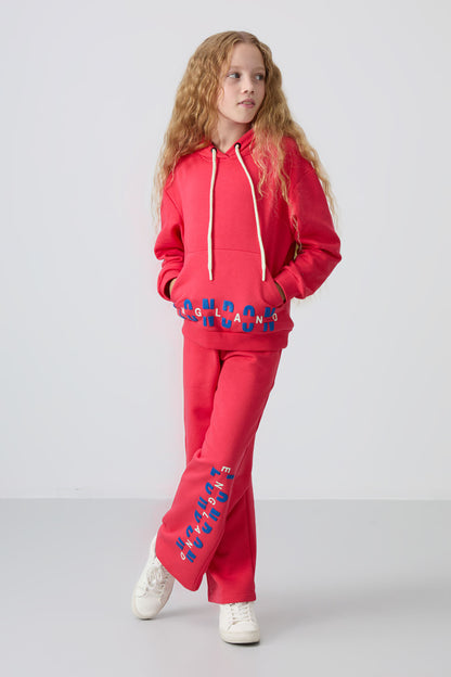 Viva Red Cotton Fleece-Lined Soft Textured Oversize Print Girls' Tracksuit Set - 75147
