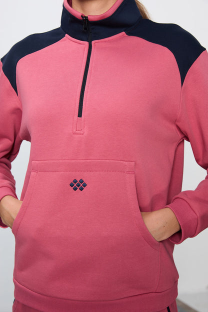 Wild Rose Compact Cotton Thick Smooth Textured Stand Collar Oversize Fit Women's Tracksuit Set - 95342