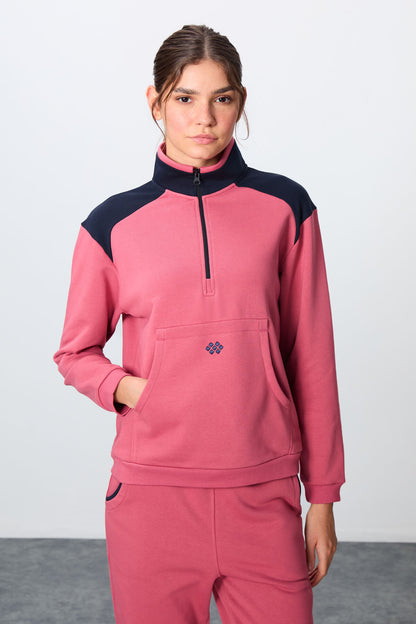 Wild Rose Compact Cotton Thick Smooth Textured Stand Collar Oversize Fit Women's Tracksuit Set - 95342