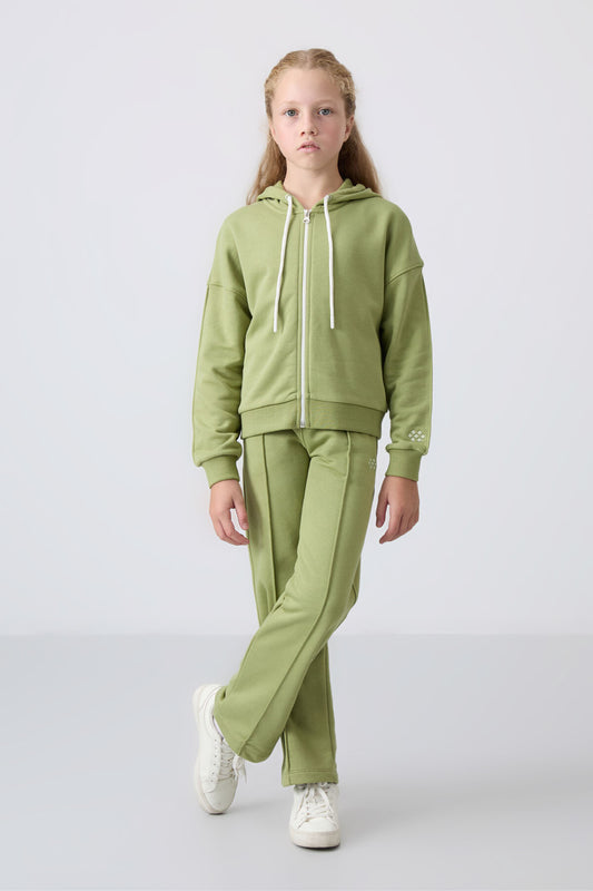 Oil Green Cotton Lined Fleece Soft Textured Standard Fit Embroidered Girls' Tracksuit Set - 75161