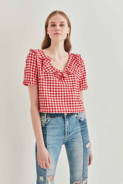 VOLAN COLLAR CHECKERED BLOUSE