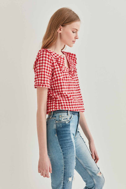VOLAN COLLAR CHECKERED BLOUSE