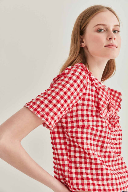 VOLAN COLLAR CHECKERED BLOUSE