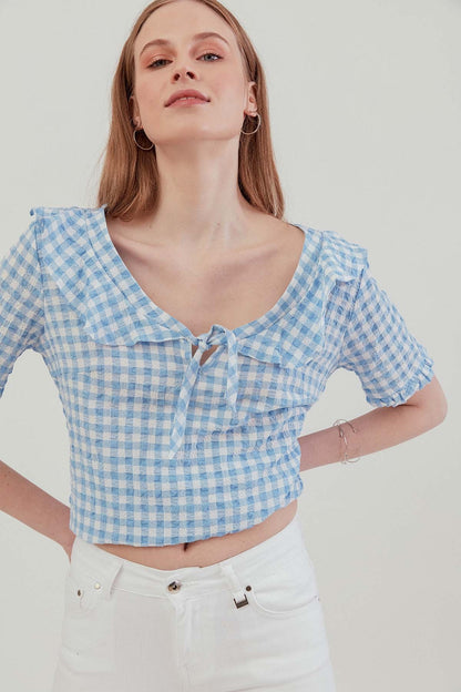 VOLAN COLLAR CHECKERED BLOUSE