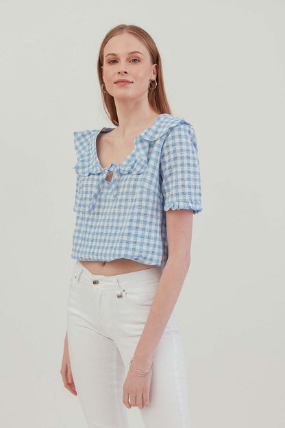 VOLAN COLLAR CHECKERED BLOUSE