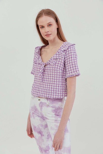 VOLAN COLLAR CHECKERED BLOUSE