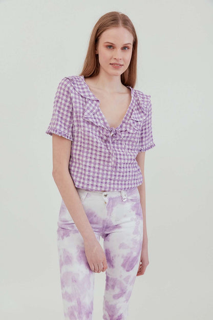 VOLAN COLLAR CHECKERED BLOUSE