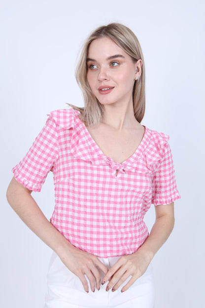 VOLAN COLLAR CHECKERED BLOUSE