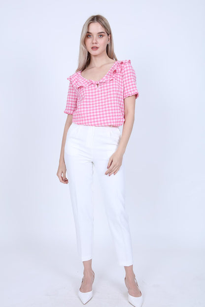 VOLAN COLLAR CHECKERED BLOUSE