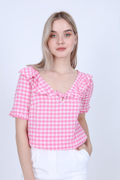 VOLAN COLLAR CHECKERED BLOUSE