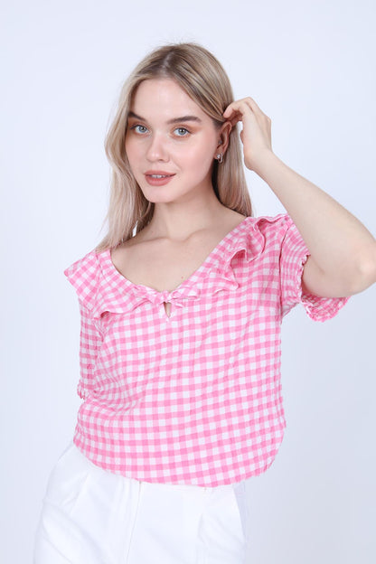 VOLAN COLLAR CHECKERED BLOUSE