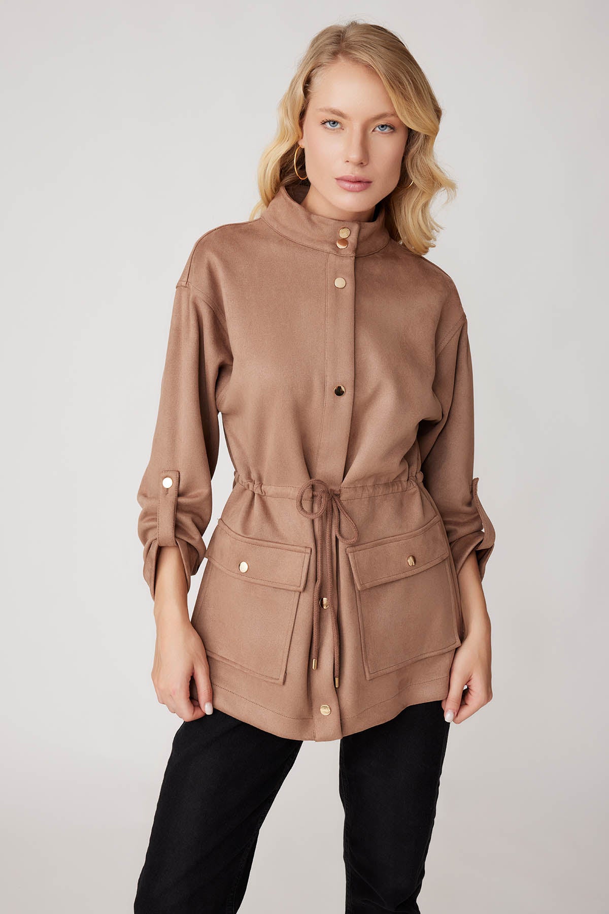 COLLARED SLEEVE WITH RUCKLEBAR, SUEDE JACKET