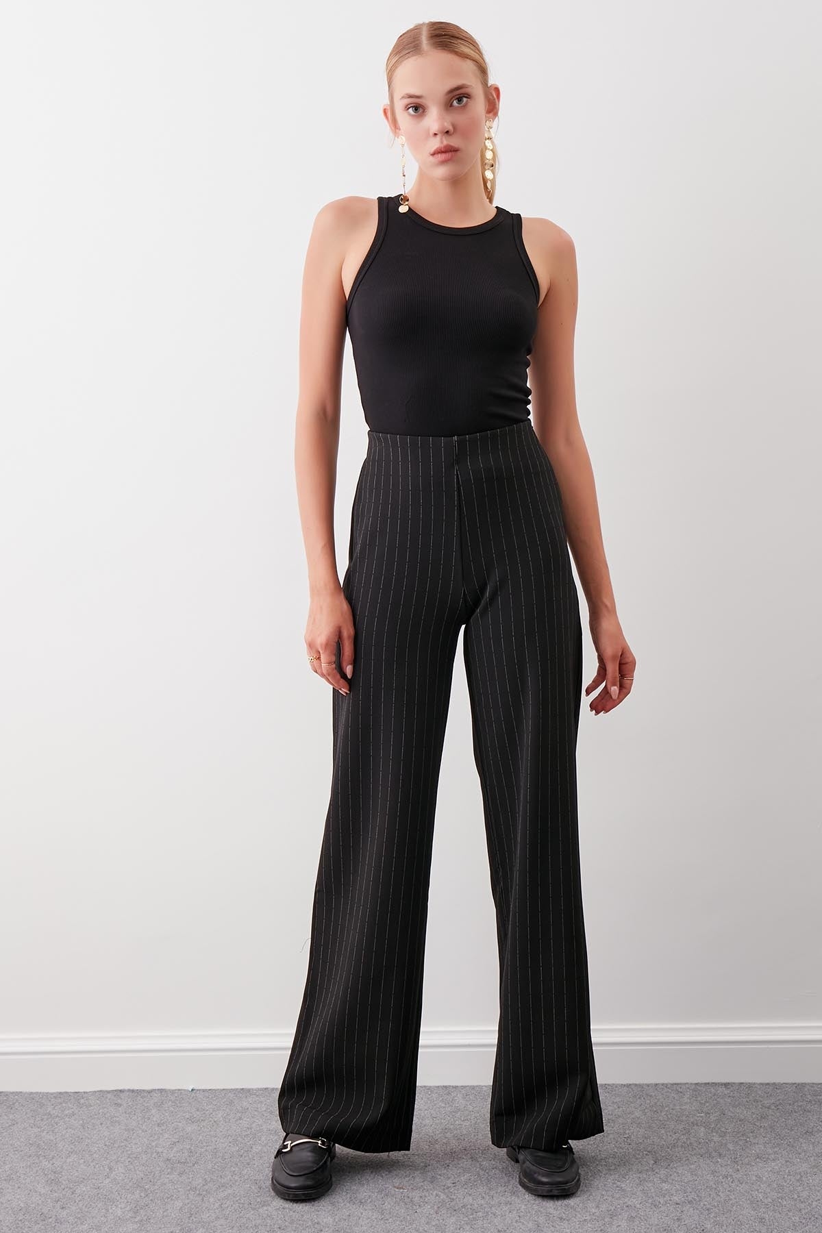 ZIPPERED WAIST ELASTINE STRIPE TROUSERS