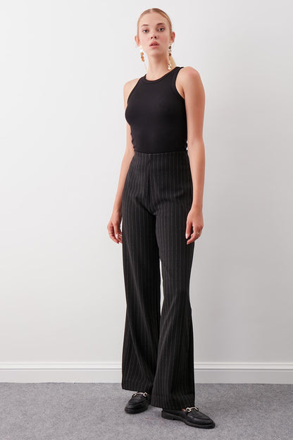 ZIPPERED WAIST ELASTINE STRIPE TROUSERS