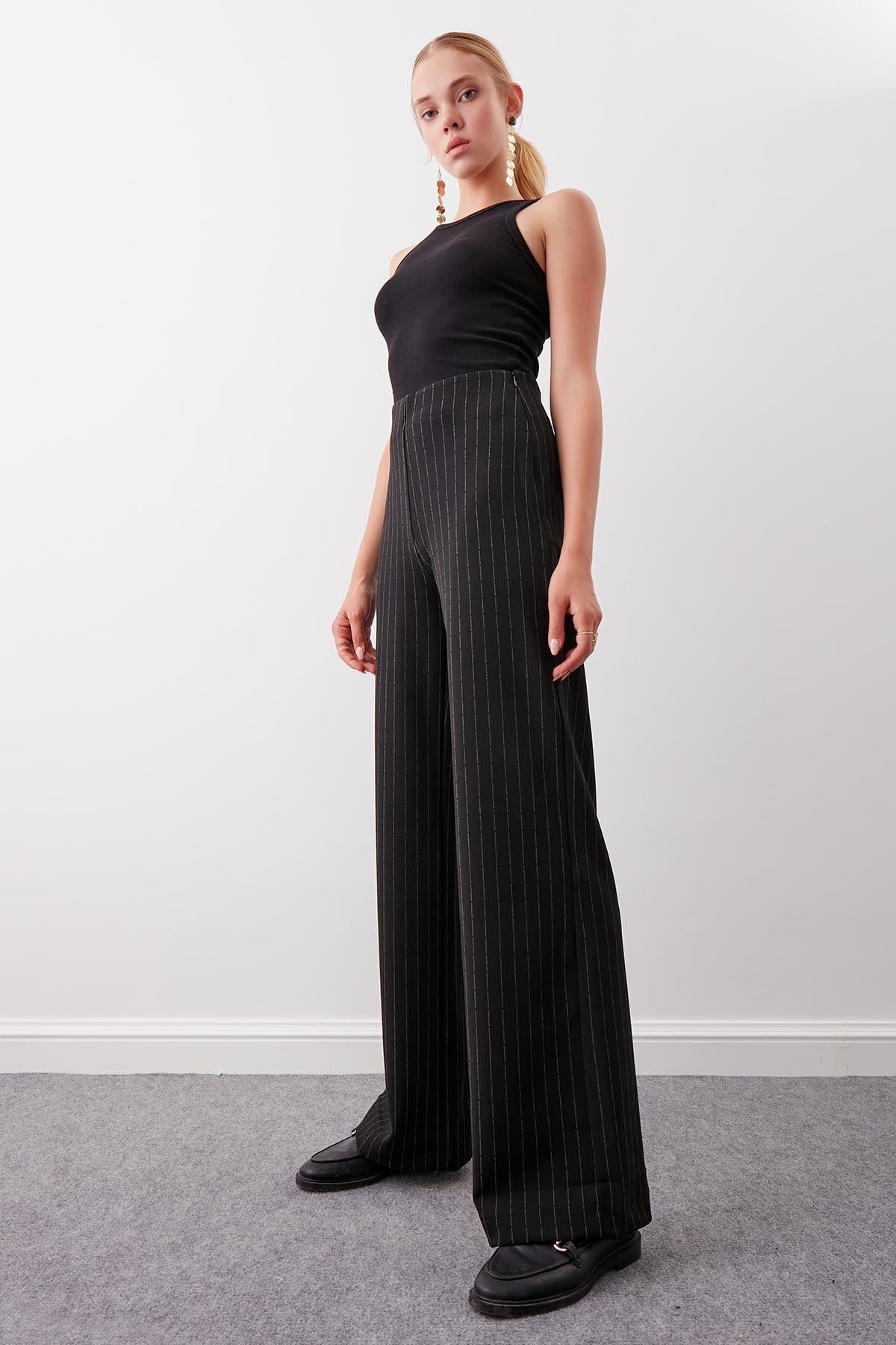 ZIPPERED WAIST ELASTINE STRIPE TROUSERS