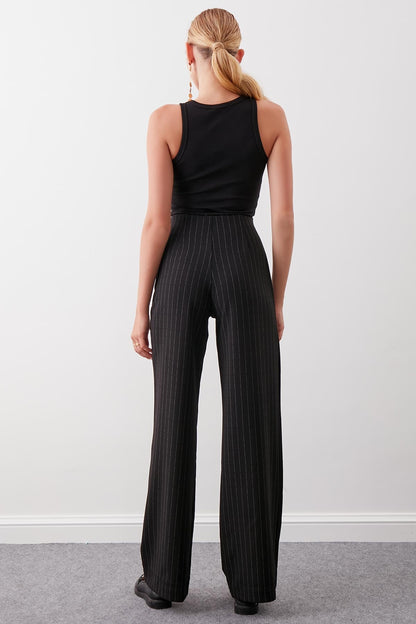 ZIPPERED WAIST ELASTINE STRIPE TROUSERS