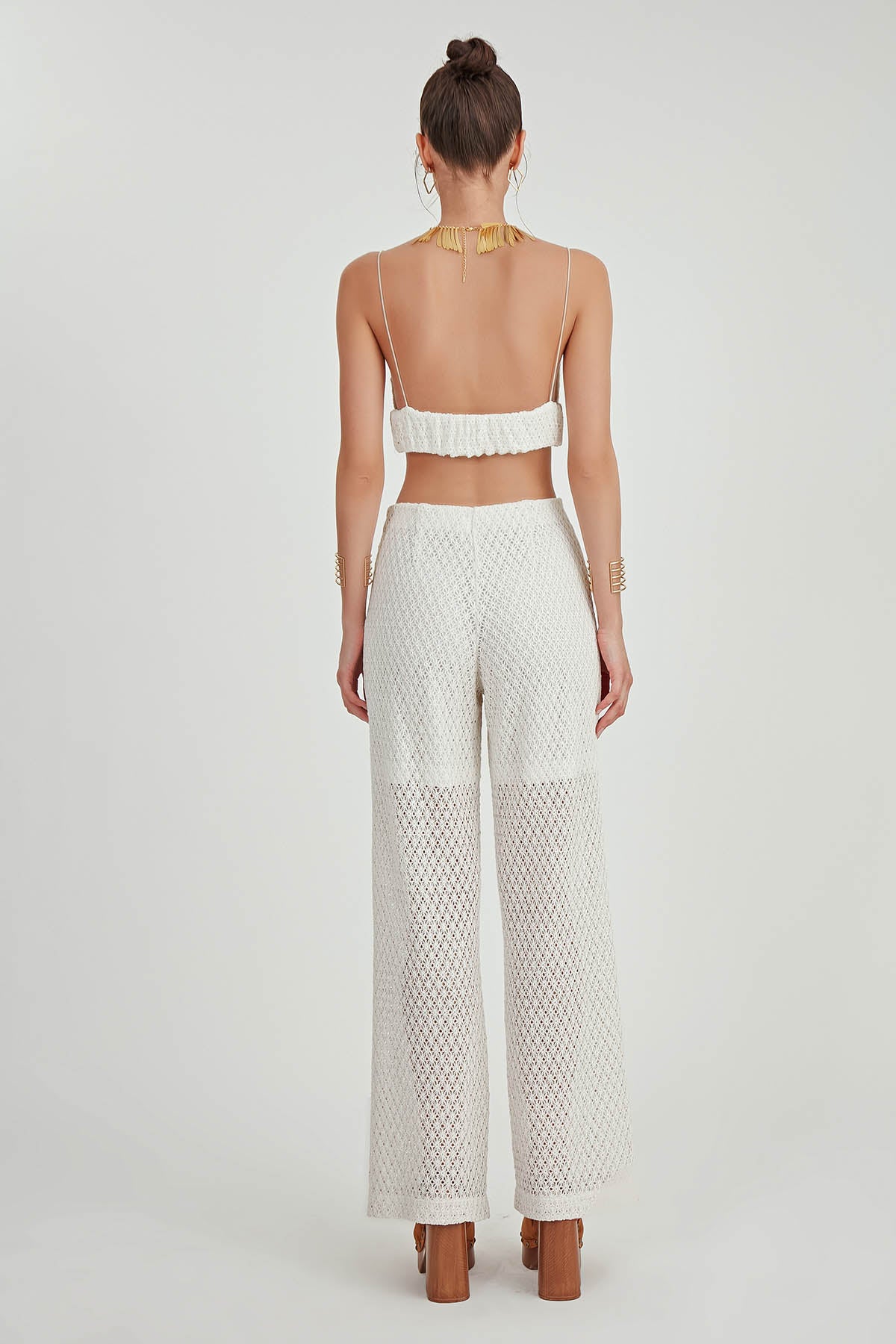 ZIPPERED LACE-INLAID TROUSERS