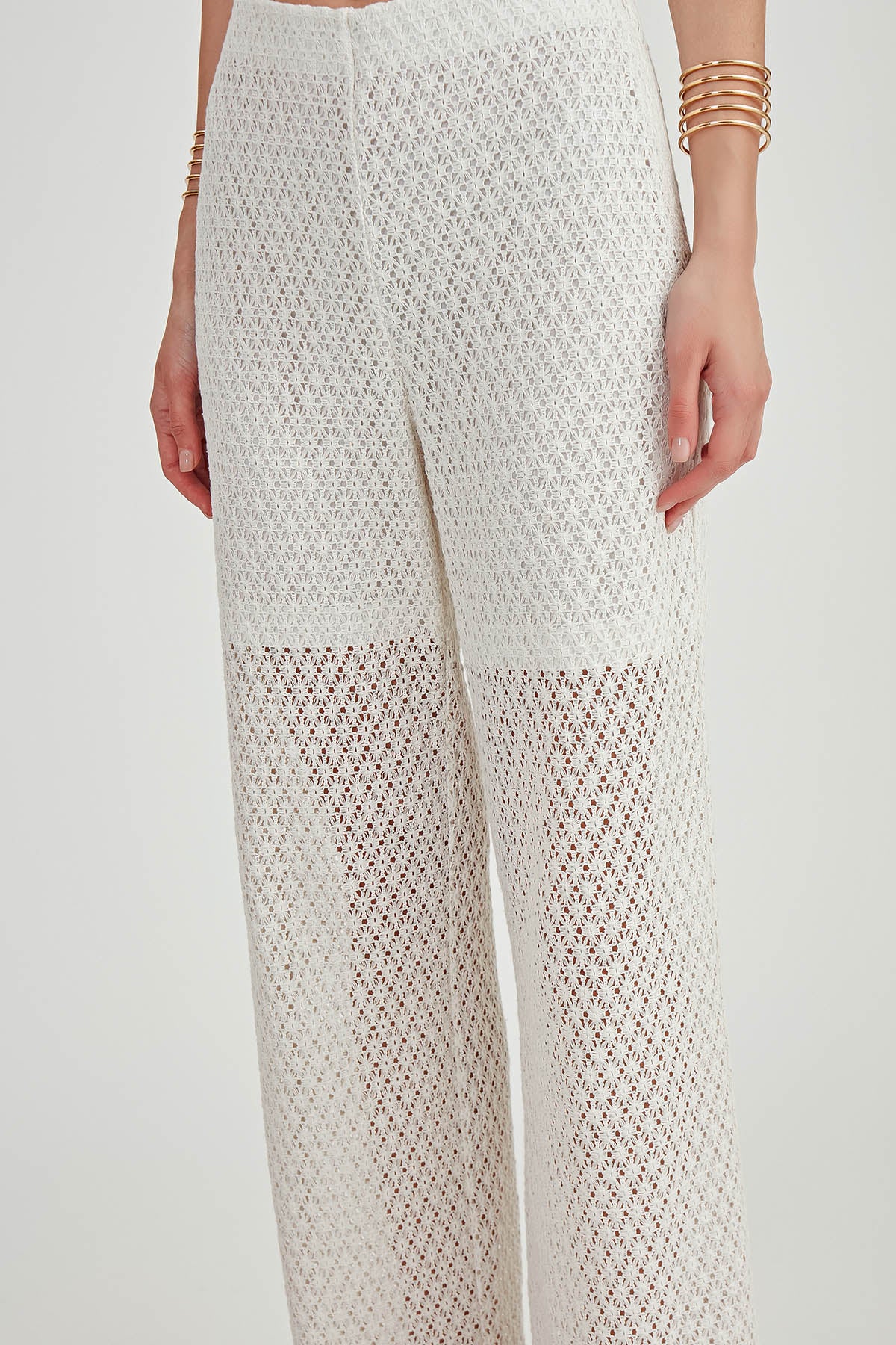 ZIPPERED LACE-INLAID TROUSERS