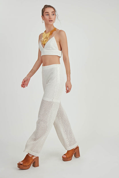 ZIPPERED LACE-INLAID TROUSERS