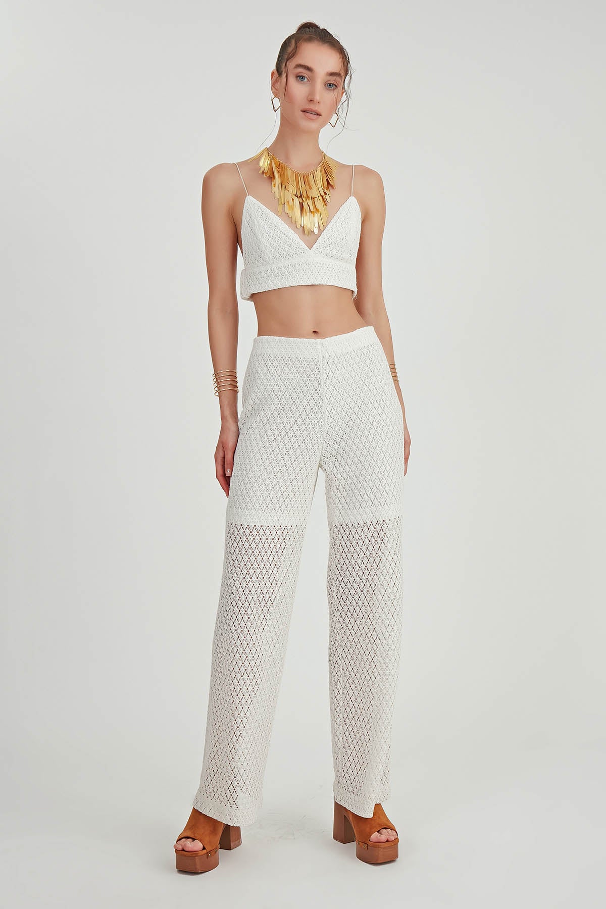 ZIPPERED LACE-INLAID TROUSERS